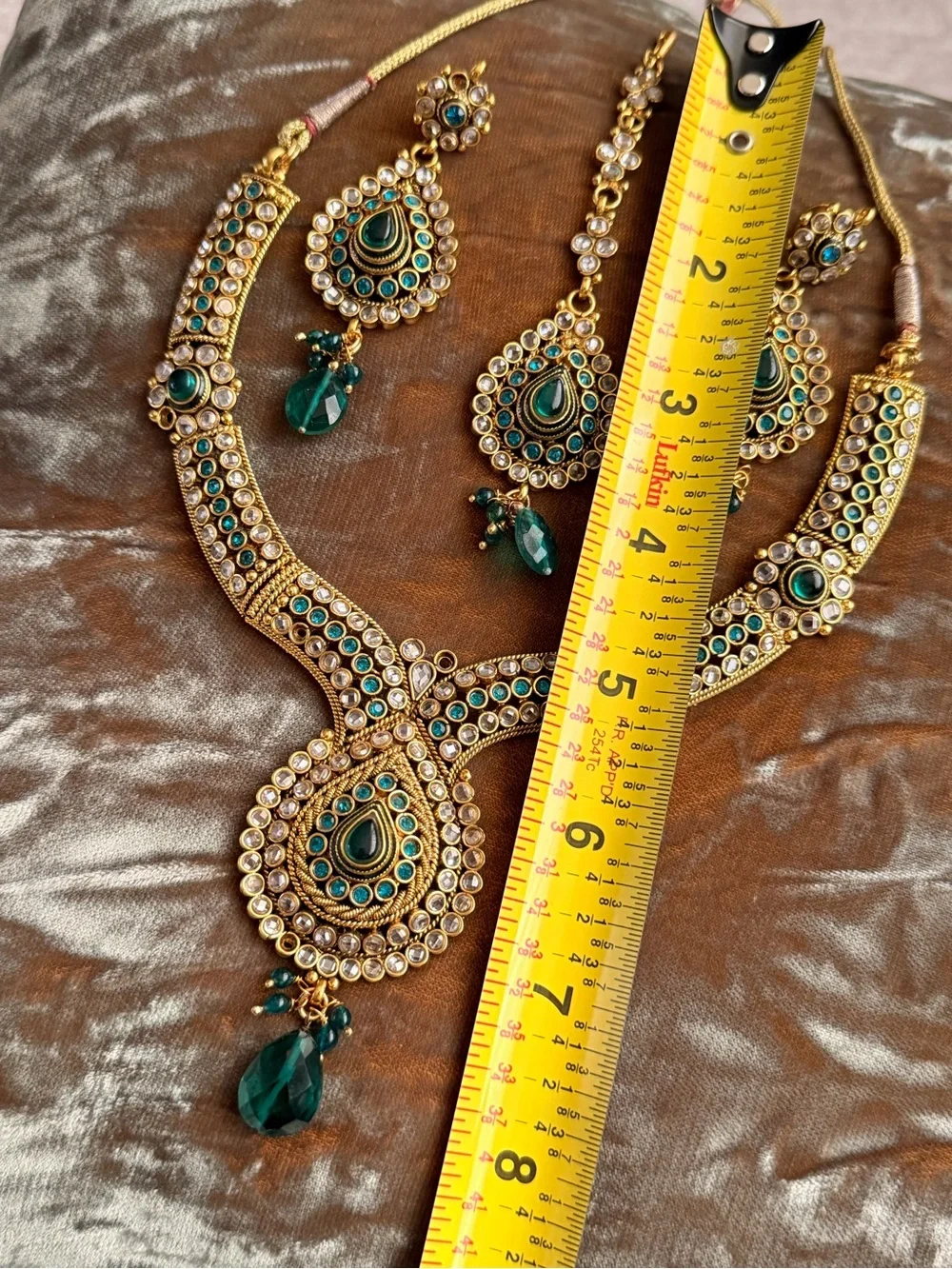 Gold-Tone Emerald Teardrop Necklace & Earring Maang Tikka Set Indian Wedding